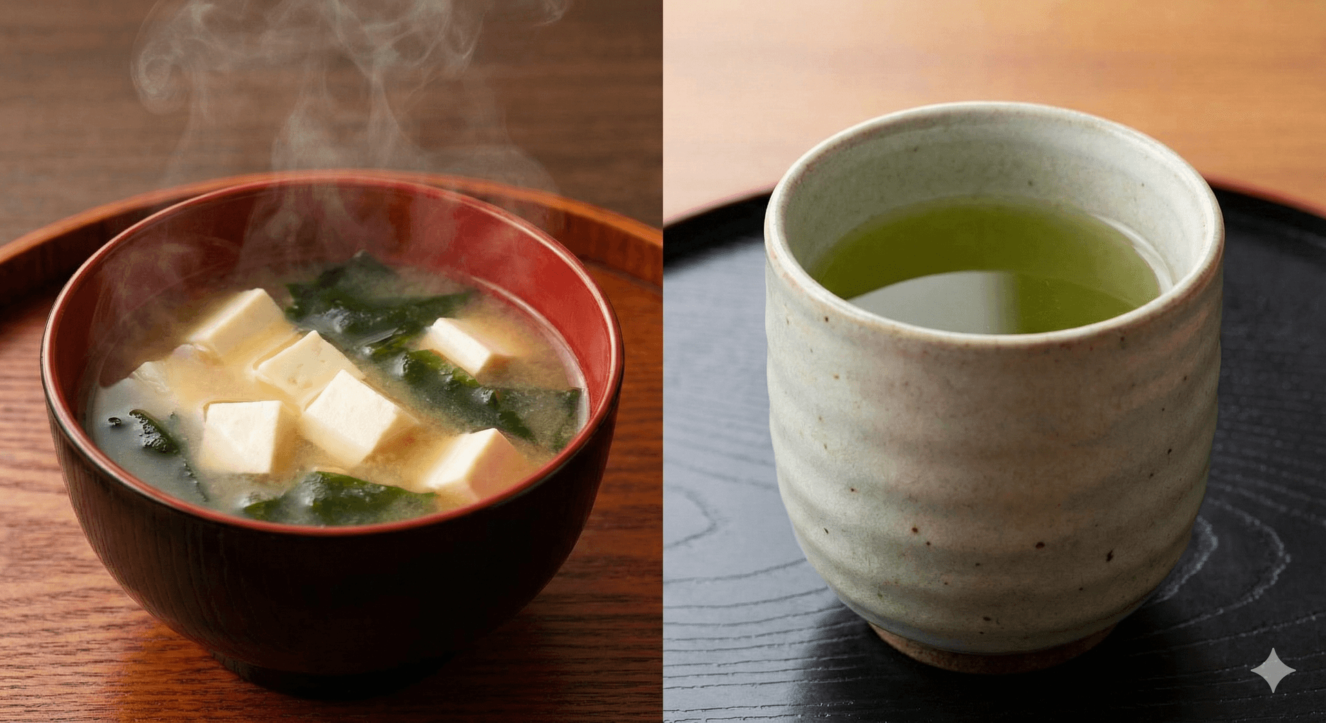 味噌汁とお茶の画像