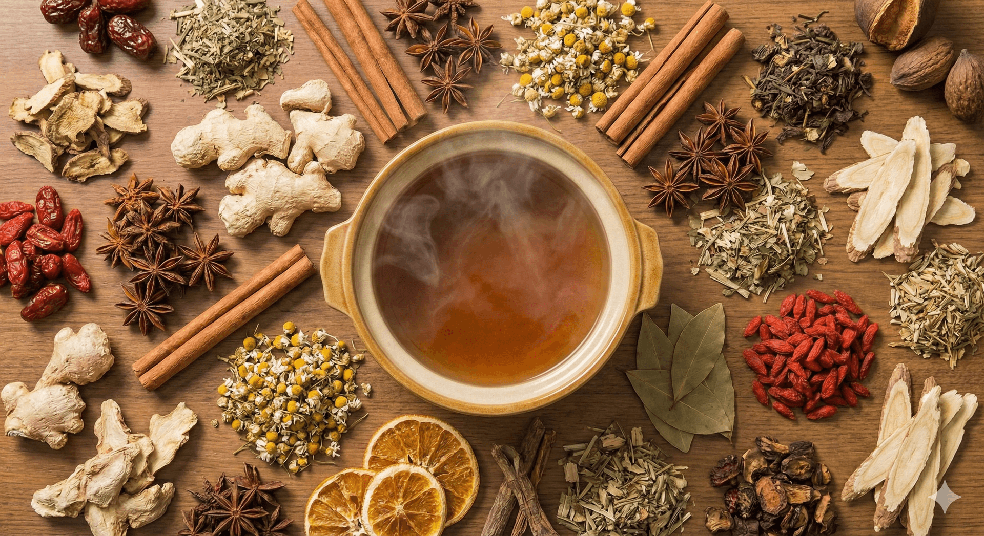 いろいろな食材をお湯の周りに置いている画像