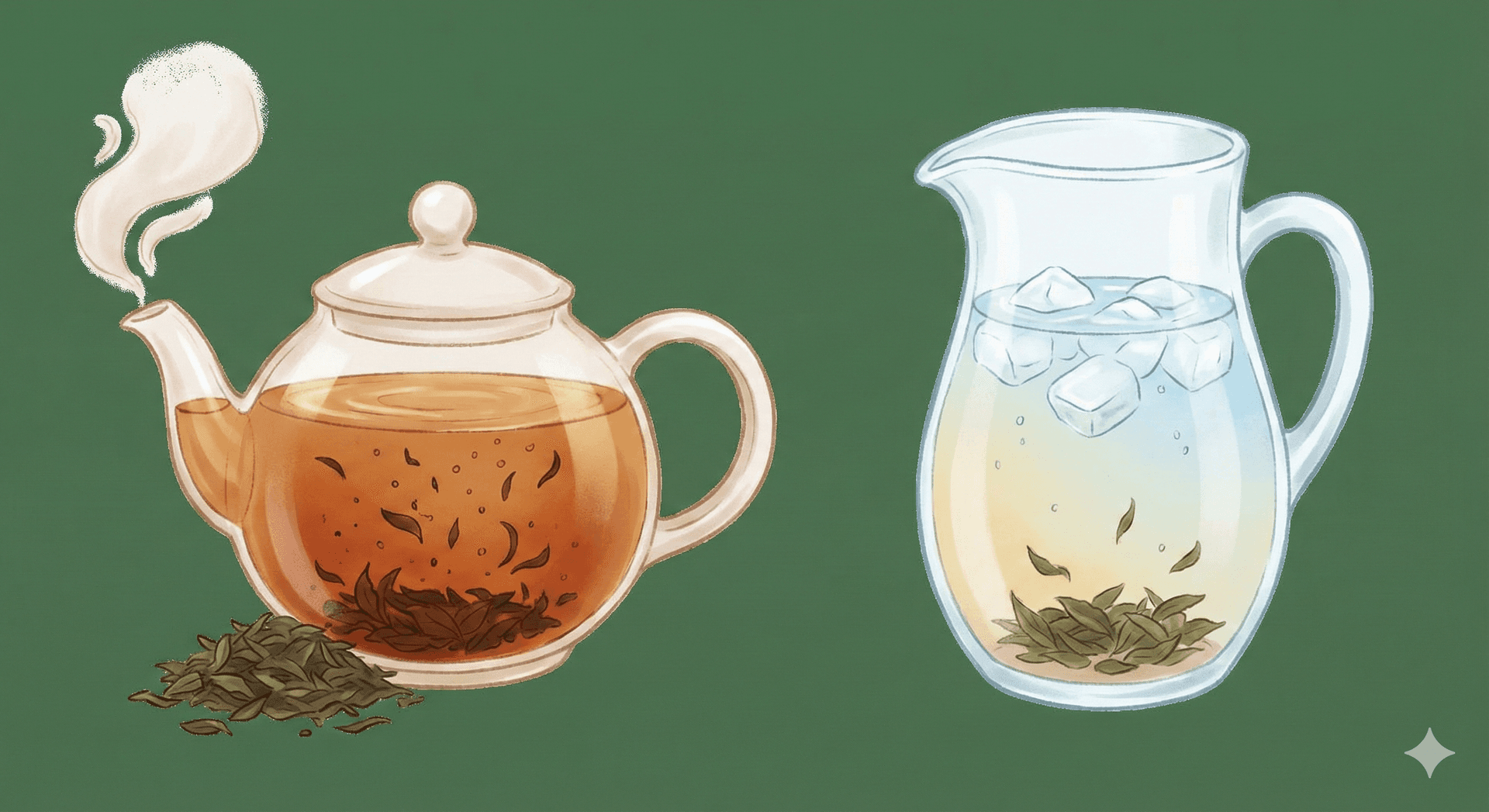 お湯で抽出してるところと水で抽出sているイラスト