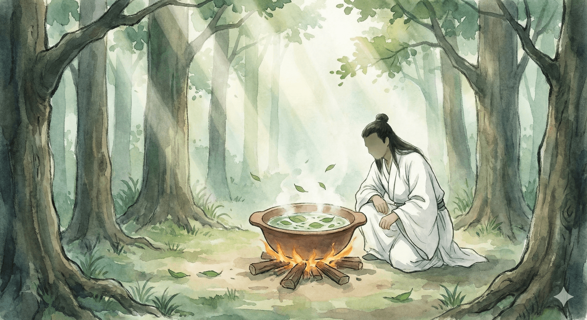 お湯に葉っぱが入ってきているイラスト