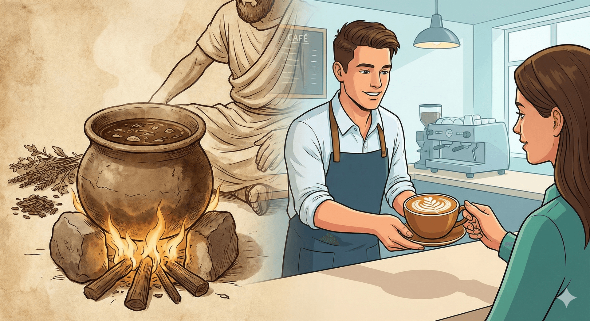 カフェでコーヒーを提供しているイラスト