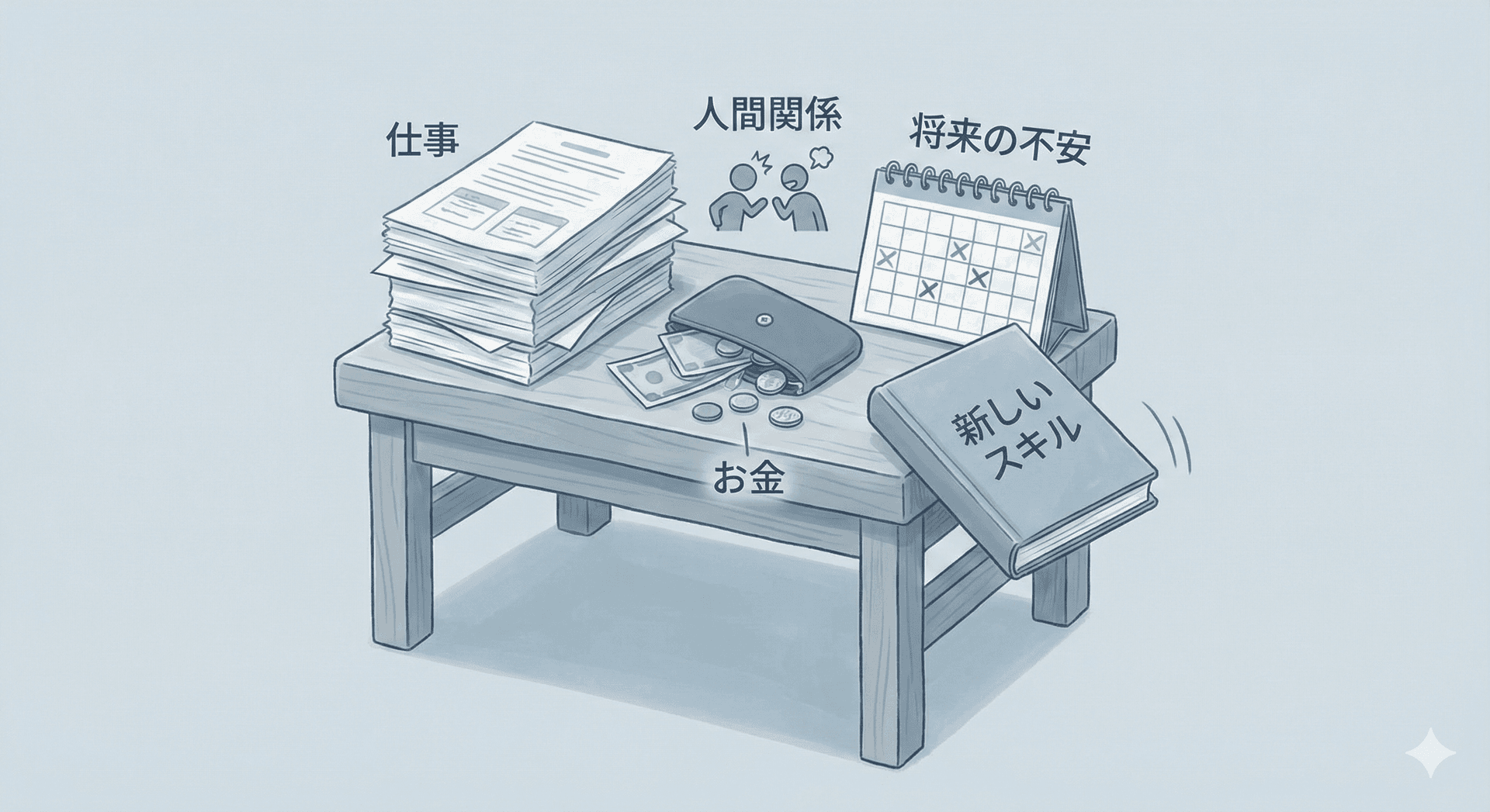 作業台にたくさんものが乗っているイラスト