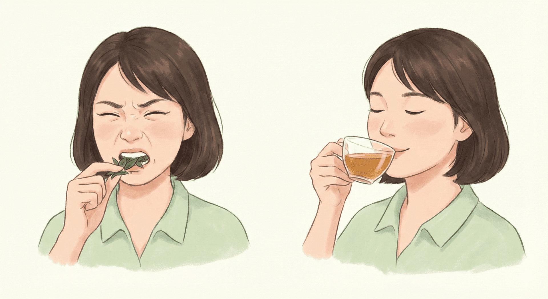 お茶を食べているのと飲んでいる状態を比較したイラスト