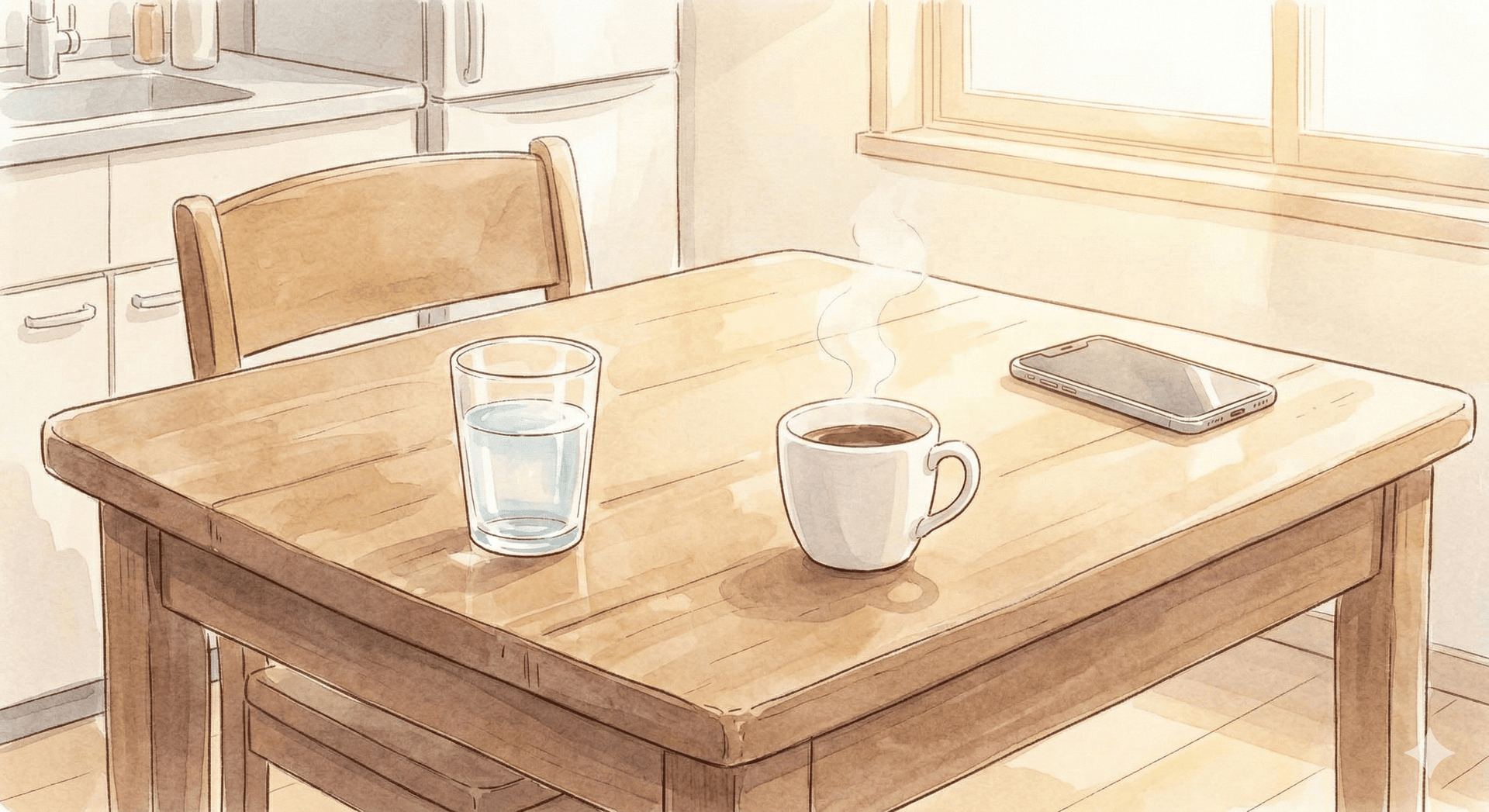 テーブルの上にコーヒーと水とスマホが載っているイラスト