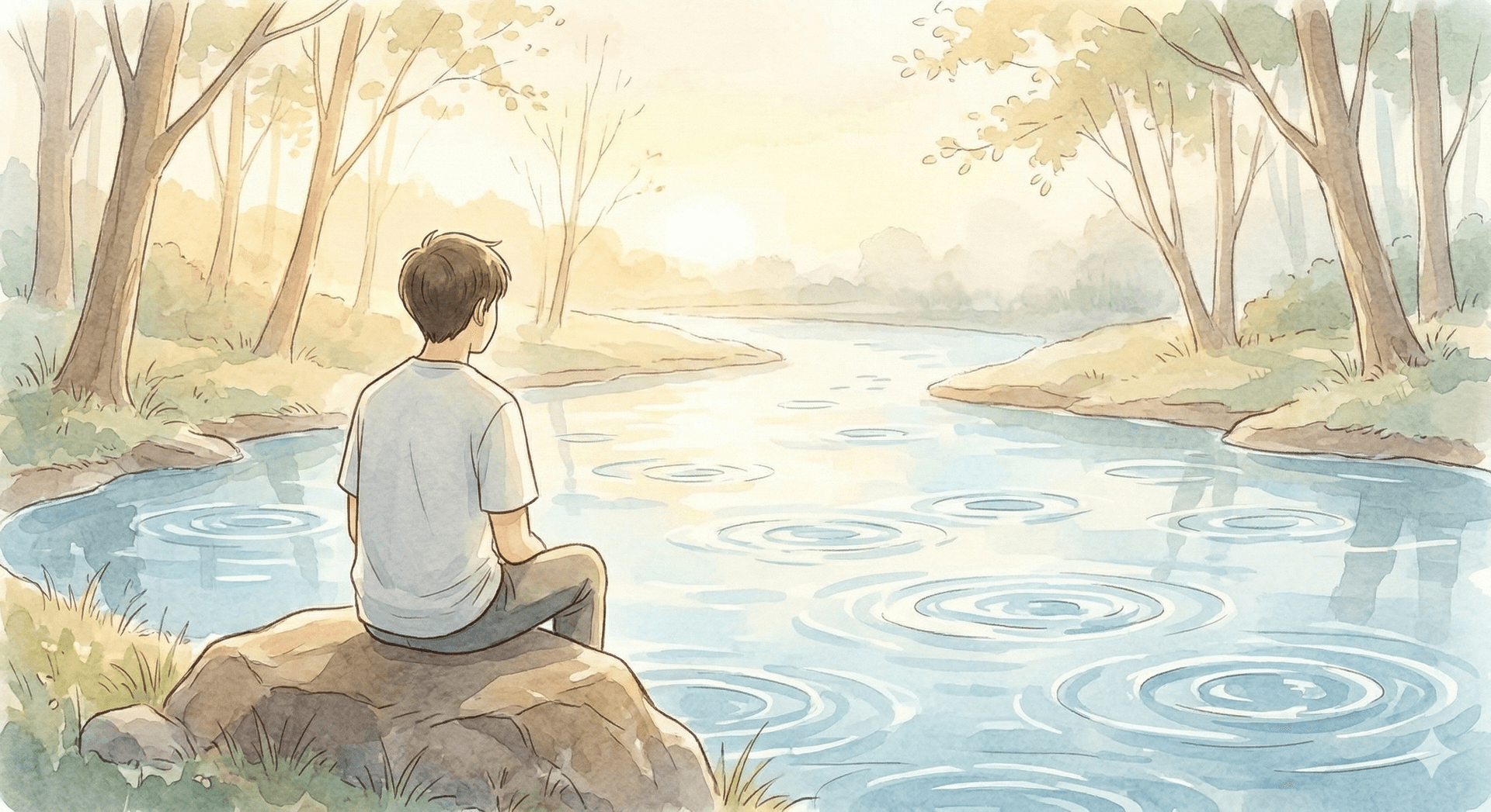 川をただ眺めている青年のイラスト